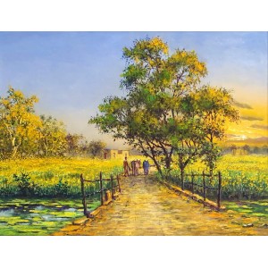 Hanif Shahzad, Mustard Field, 27 x 36 Inch, Oil on Canvas, Cityscape Painting, AC-HNS-076